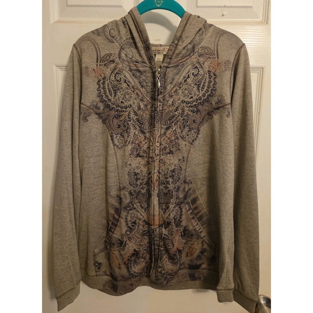 One World XL Zip Up Hoodie Gray Floral Design